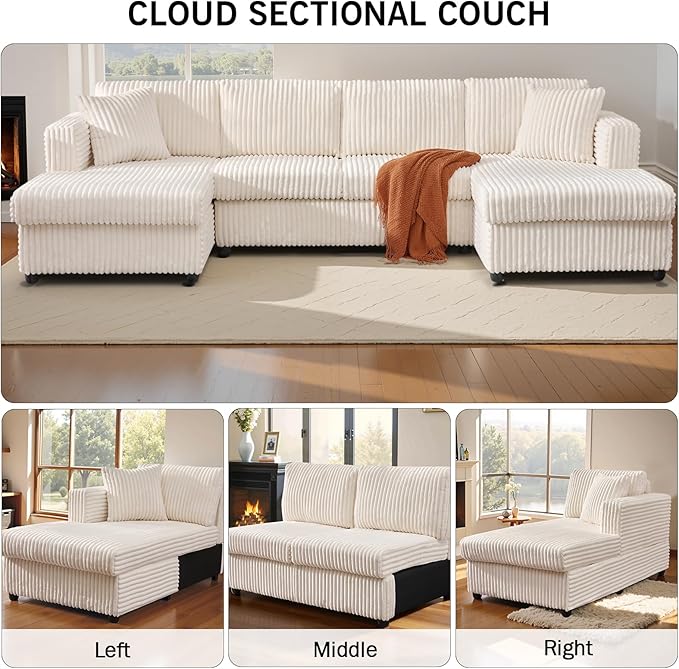 123 U-Shaped Modular sectional Sofa Two L-Shape Chaise with 2 Cloud Couch sectional with Two Pillows couches for Living Room (Beige)