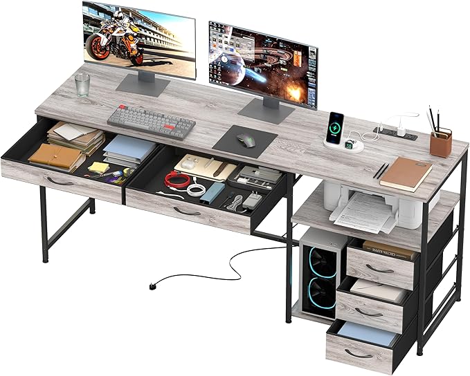 YOSHOOT 60 Computer Desk with 5 Fabric Drawers - Gaming Desk with Storage and Power Outlets Home Office Desk for Adults and Teenagers Working Writing Study Grey