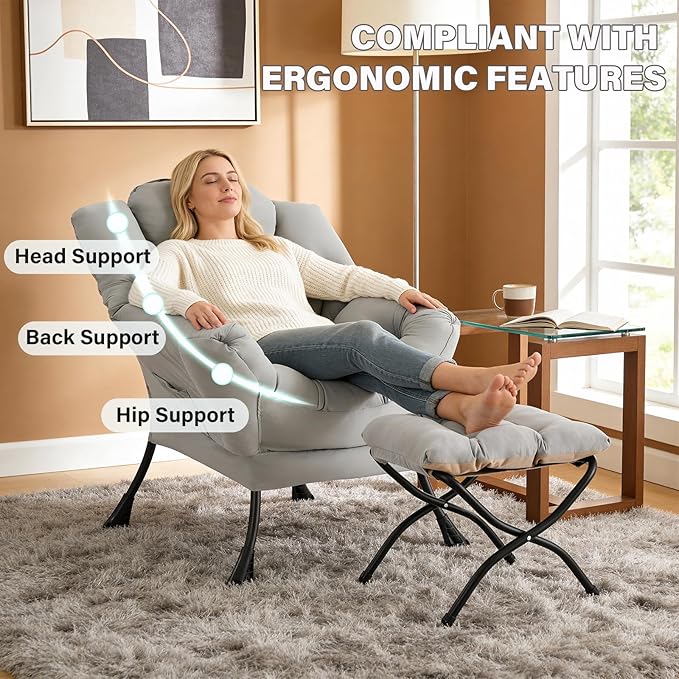 Lazy Chair with Folding Ottoman Modern Accent Lounge Armchair with Armrests and a Side Pocket &amp Foldable Footstool Leisure Reading Chair for Living Room Bedroom Dorm &amp Office Light Grey