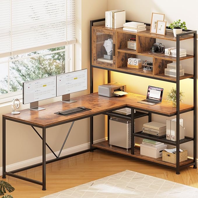 SEDETA L Shaped Computer Desk 58'' Office Desk with LED Light and Bookshelf L Shaped Corner Desk with Storage Shelves for Home Office Gaming Desk L Desk Rustic Brown