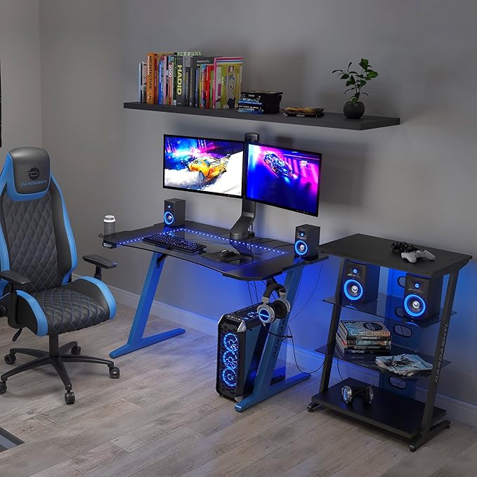 Dardashti Gaming Desk PC Computer Desk Home Office Desk Gaming Table Z Shaped Gamer Workstation with Cup Holder and Headphone Hook Z1-21 Cobalt Blue