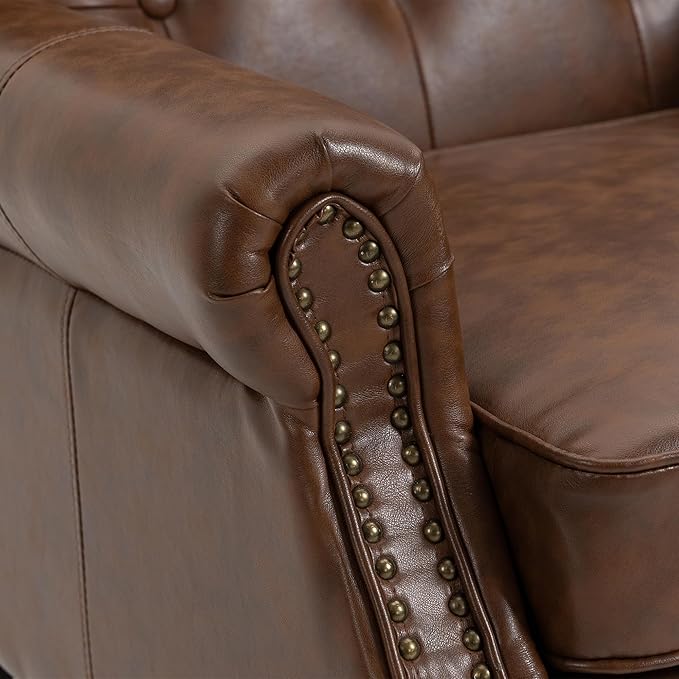 Bellemave Mid Century Wingback Chair PU Leather Button Tufted Upholstered Accent Armchair with Wood Legs Modern Living Room Chairs with High Back Leisure Single Sofa Chair for BedroomClub（Brown）