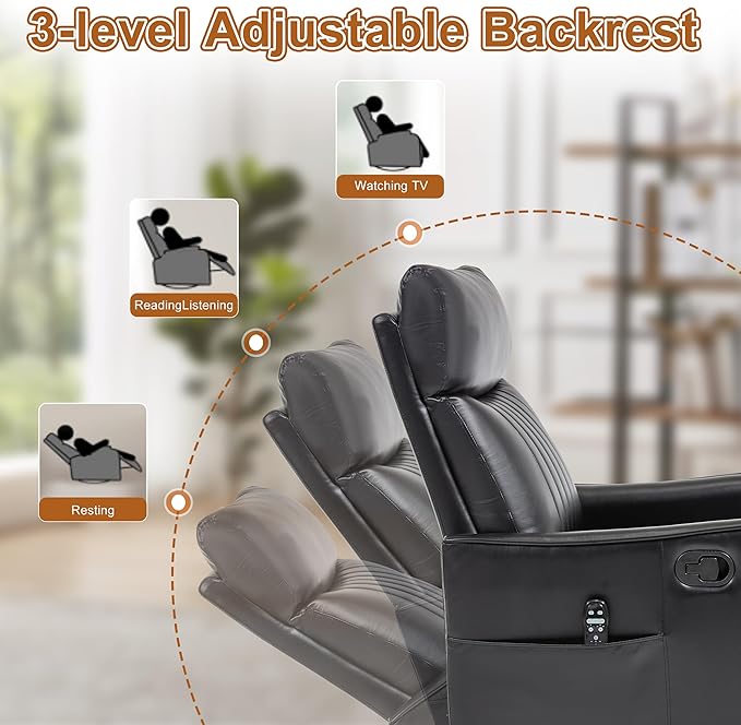 Manual Swivel Rocker Recliner Chair for Adults Overstuffed Recliner Glider with Massage and Heat Living Room Reclining Chair PU Leather Black