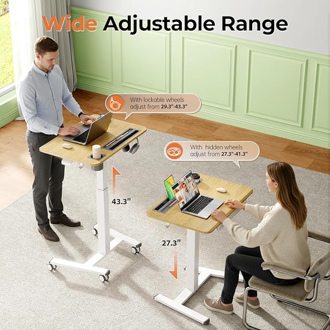 Mobile Standing Desk with Drawer 28 Rolling Desk with Cup Holder and Hooks Portable Laptop Workstation on Wheels Height Adjustable Cart with Storage for Home Office Maple