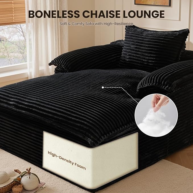 Chaise Lounge Chair Indoor Oversized Sleeping Couch 67L *53W Assembly Free Modern Minimalist Sofa With Comfy Curved Armrest Extra Deep Large Single Sofa for Living Room(Black Plush Fabric)