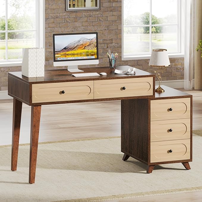 Tribesigns 51-Inch Computer Desk with 5 Drawers Rustic Brown Office Desk with Reversible Drawer Cabinet Wooden Study Writing Table Workstation with Storage for Small Spaces