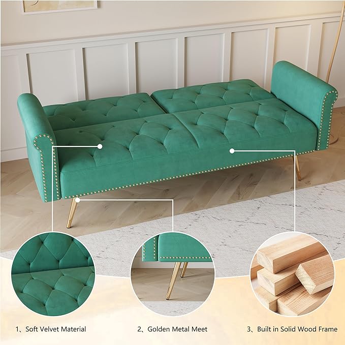 69.7'' Convertible Velvet Sleeper Sofa Bed Upholstered Futon Couch with Nail Head Trim and 2 Matching Throw Pillow for Living Room Bedroom Home Office (Green)