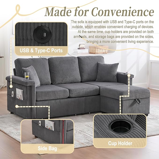 76'' Sectional Sofa Couches for Living Room 3 Seat L-Shaped Couch with Storage &amp Ottoman Corduroy Convertible Sofas with Chaise Apartment with USB Charging Cup Holder (Dark Grey)