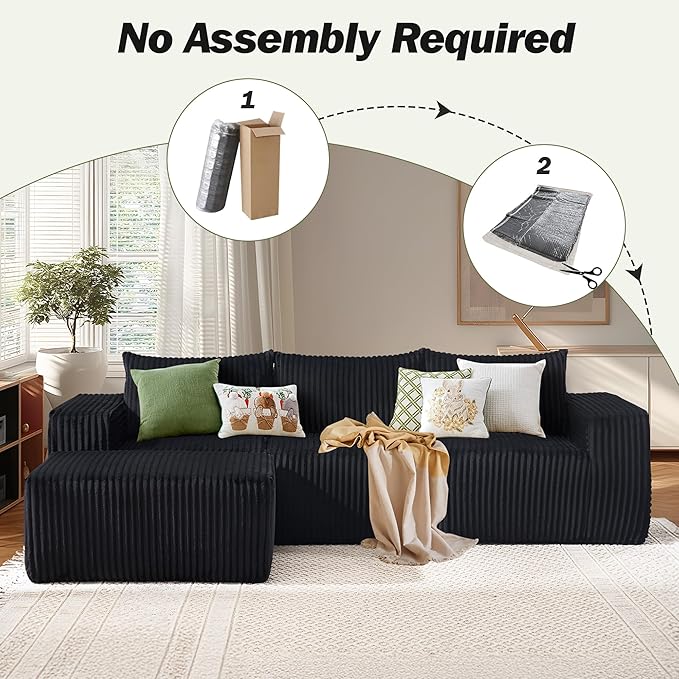 101 Boneless Cloud Modular Sectional Sofa L-Shaped Memory Foam Couch with Reversible Chaise Corduroy Upholstered Sofa in a Box No Assembly Required for Living Room &amp Apartment (Black 101in)
