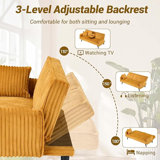72 Modern Corduroy Sofa Bed FutonConvertible Sleeper Couch Bed with Cup Holder4 Reclining PositionsFolding Sofa Cloud Loveseat for Small Living Room Apartment Office (Orange-New)
