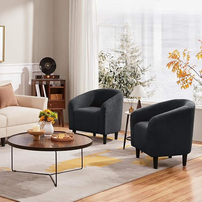 Yaheetech Accent Barrel Chair Boucle Fabric Club Chair Furry Sherpa Elegant Armchair with Cozy Soft Padded Suitable for Living Room Bedroom Reception Room Office Dark Gray