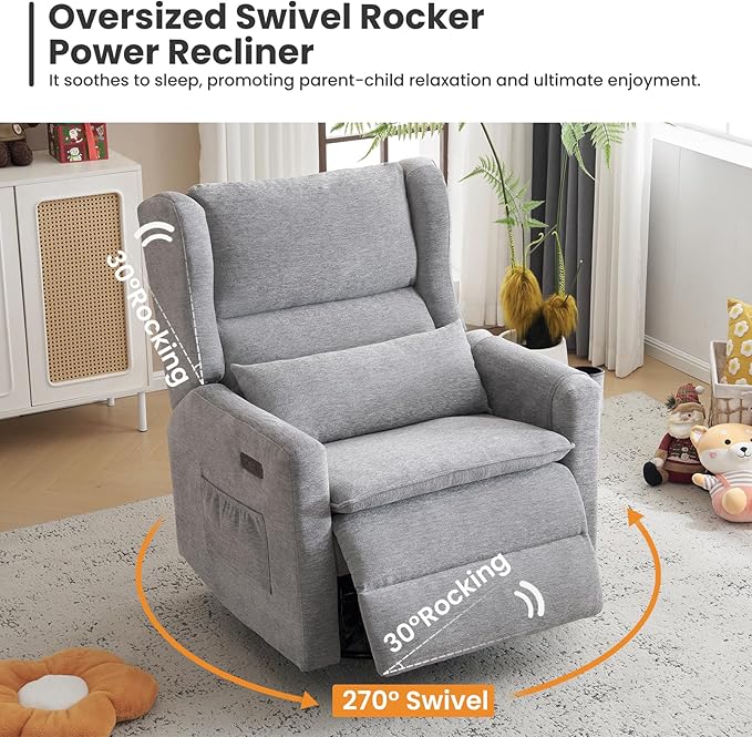 Power Recliner ChairOversized Swivel Rocker Recliner with Adjustable HeadrestNursery Rocking Chair with Lumbar Cushion for Living RoomGrey