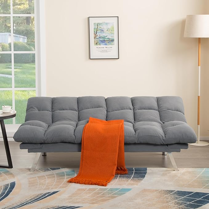 67” Convertible Futon Couch Bed Adjustable Pillow Top Arm Memory Foam Cloud Futons Loveseat Modern Light Gray Corduroy Mini Small Sofa Couches for Living Room
