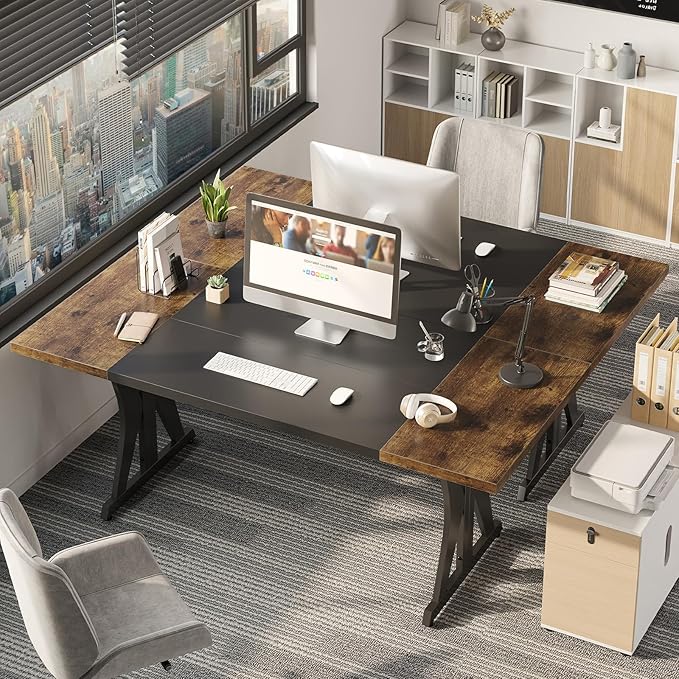 Bestier 70 Inch Large Executive Desk Modern Simple Computer Office Desk with Thickened Desktop Wood Metal Conference Room Table for Home Office Business &amp Writing Rustic Brown