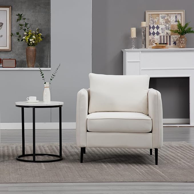 Mid-Century Modern Velvet Accent Chair - Plush Upholstered Armchair with Metal Legs 300lb Capacity Comfy Reading Chair for Living Room Bedroom or Office (Ivory)
