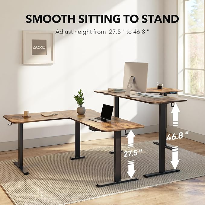 FEZIBO L Shaped Standing Desk Electric Stand up Height Adjustable Home Office Table Sit Stand Desk Light Rustic Brown Top