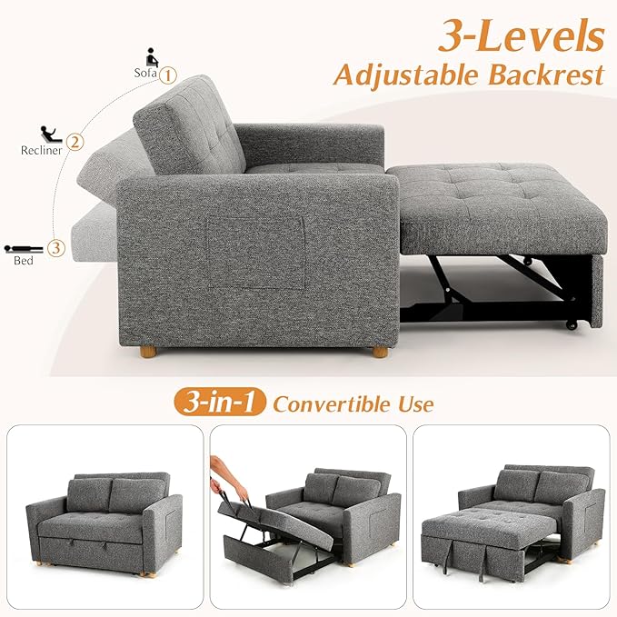 SEJOV Sleeper Sofa Pull Out Loveseat Sleeper with Adjustable Backrest 2-Seater Linen Fabric Couches for Small Spaces Futon Couch for Living Room Bedroom Apartment Rv Drak Grey