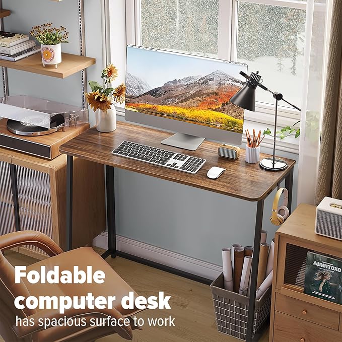 WOHOMO Folding Desk Small Writing Desk 39.4 Space-Saving Foldable Laptop Table Writing Workstation for Home Office Easy Assembly Rustic Walnut