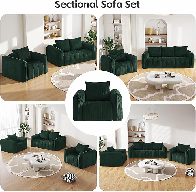 Comfy 3-Stear Sofa with 2 Armchair Set of 3 Corduroy Sofa for Living Room Boneless Lounge Floor Cloud Couch for Small Spaces for Bedroom Office Apartment Green