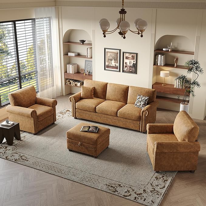ONBRILL Faux Leather Sofa 84 Inches Nailhead Trim Couch for Living Room Mid-Century Modern Deep Seat Sofa with Rolled Arms Classic 3 Seater Couch for Apartment Office Caramel