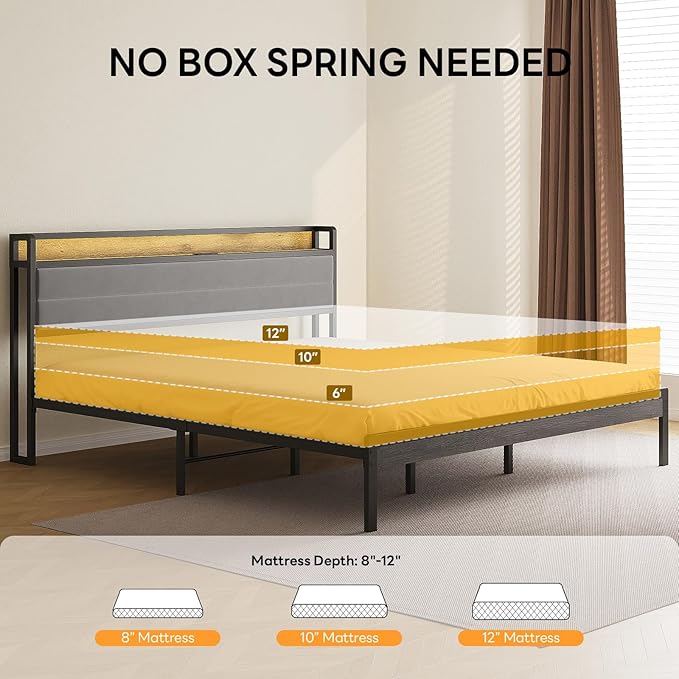 LIKIMIO King Size Bed Frame with Storage Headboard &amp LED Lights Metal Platform Bed with Charging Station Noise Free No Box Spring Needed Under Bed Storage Charcoal Gray