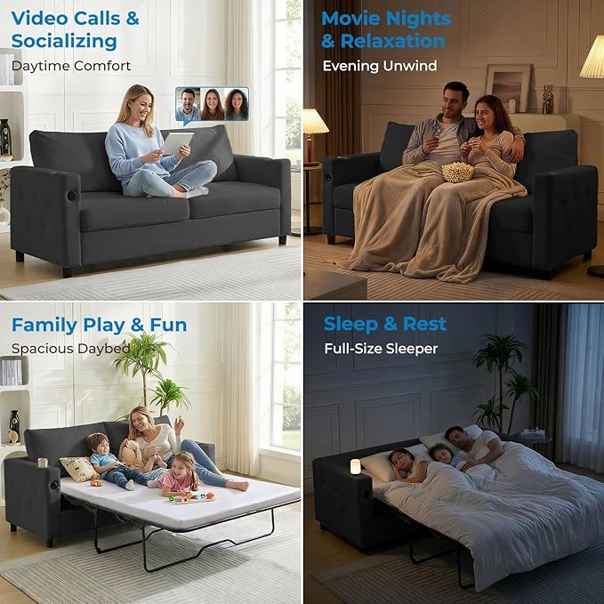 Mjkone 80 Queen Size Pull Out Sofa Bed Velvet 2-in-1 Convertible Sleeper Sofa Bed with Memory Foam Mattress Cup Holder USB Charging PortsGuest Couch Bed for Living Room Small Spaces - Grey