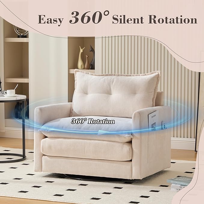 Swivel Accent Chair Recliner - Modern Barrel Chairs with 360° Rotation Thick Padded Upholstered Armchair Cozy Comfy Single Sofa for Living Room Bedroom CornerBeige-Chenille