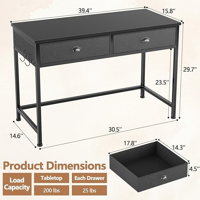 Furologee Small Computer Desk with 2 Fabric Drawers for Bedroom 40 Inch Simple Home Office Desk for Small Space Study Work Writing Table with Hooks for Kids Student Black