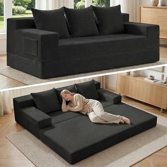 78 Convertible Sofa Bed Foldable Floor Couch Futon SofaHigh-Density Sponge Boneless Couch 3 Seater Sleeper Couch with 3 Pillows for Living Room Bedroom Lounge (Black)