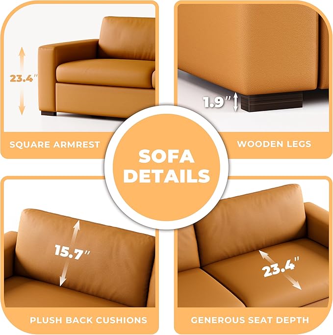 82.7 Inch Retro Orange Leather Couch Loveseat with Square Arm Mid Century Modern Comfy Compact 3-Seat Upholstered Sectional Sofa for Living Room Office and Small Space