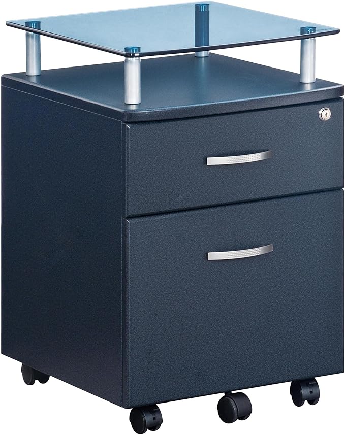 Scranton &amp Co 2 Drawer Wood Mobile File Cabinet Graphite Finish MDF with PVC Laminate Locking Top Drawer Lower File Drawer Glass Top with Steel Supports Carpet Casters 24 in H x 14 in W x 1