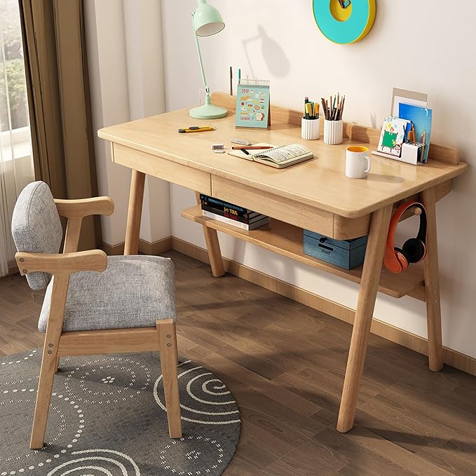 Solid Wood Writing Deskmid-Century Modern DeskHome Office Computer Desk with 2 Drawers and Storage ShelfStudy Table Workstation Scandinavian Furniture(80cm/31.5 Wood)