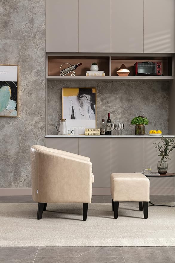 Accent Chair with Ottoman Mid Century Modern Barrel Chair Upholstered Club Tub Round Arms Chair for Living Room