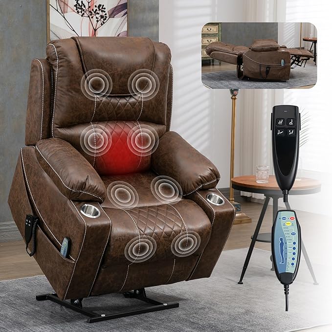 Large Power Lift Recliner Chair with Massage and Heat for Elderly Big and Tall People Dual Motor 180° Lay Flat Overstuffed Wide Leather Recliners with 2 Cup Holders Side Pocket