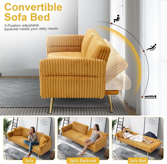 Rovibek Futon Loveseat Sofa Bed Modern Corduroy Futon Couch with Adjustable Backrest 2 Pillows Convertible Futon Sofa for Small Spaces Living Room Apartment Guest Room Yellow