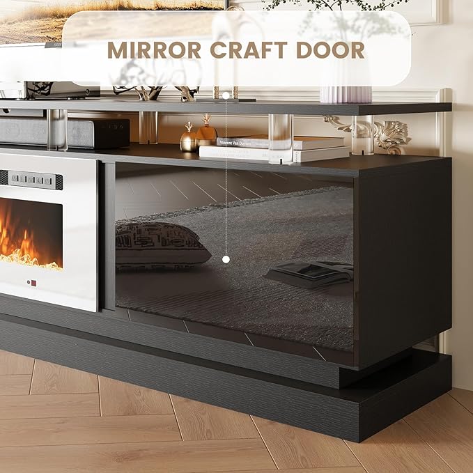 80 Fireplace TV Stand Modern Entertainment Center for TVs Up to 90 TV Console with Storage Cabinets Media Console for Living Room Black TV Stand and White Fireplace