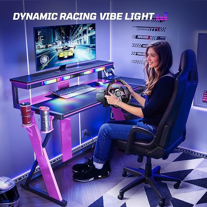 Bestier Computer Desk with Music Sync Light Flow Vibe Corner Desk with Monitor Stand and PS5 Storage Shelves Cup Holders and Headset Hooks for Bedroom Small Space (Black Purple 57 Inch)