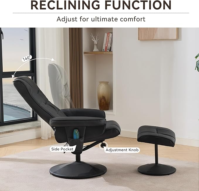 Recliner Chair with Ottoman - 360° Swivel Massage Lounge Chair with 5-Point Vibration and Heated Seat 140° Adjustable PU Leather Recliner for Living Room Home Theater or Office (Black)