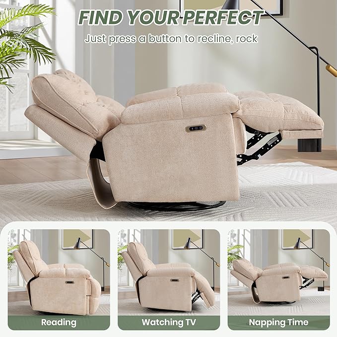 Oversized Rocker Recliner Chair 42” Power Swivel Recliner for Living Room Overstuffed Extra Wide Rocking Recliners with Breathable Soft Fabric Up to 400lbs(Power Beige)