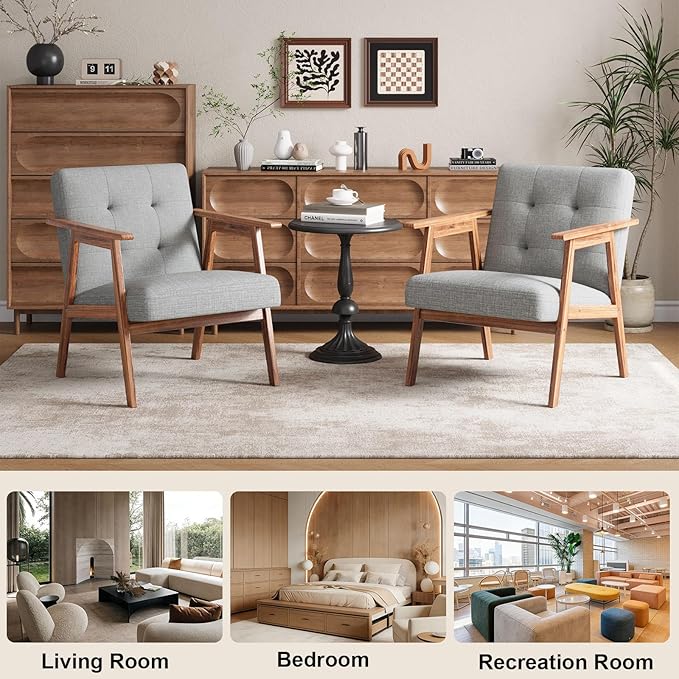Accent Chair Upholstered Fabric Lounge Chair with Solid Wood Frame &amp Soft Cushion for Living Room Bedroom Balcony Gray