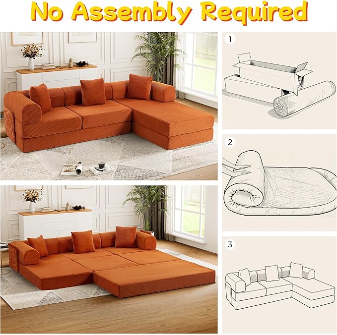 106.3 L Shape Convertible Sleeper Sofa Bed Oversized Modular Sectional Cloud Sofa with Fixed-Shape Frame &amp Storage Pocket Boneless Couch for Living Room No Assembly Required Orange