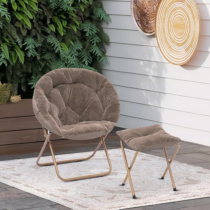 Cozy Saucer Chair Living Room Chair Faux Fur Soft Thick Padded Folding Chair Comfortable Moon Chair for Living Room Bedroom Reading Nook Modern Style Light Brown