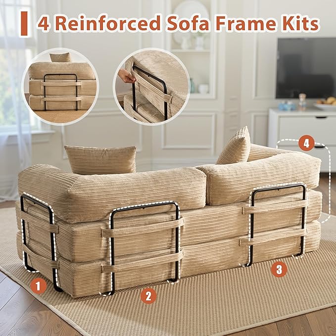 81'' Foldable Sofa Bed Convertible Sleeper Sofa with Fixed-Shape Frame Boneless Corduroy Foldable Couch Bed for Small Spaces Living Room Bedroom Studio(BeigeCorduroy Sofa Bed)