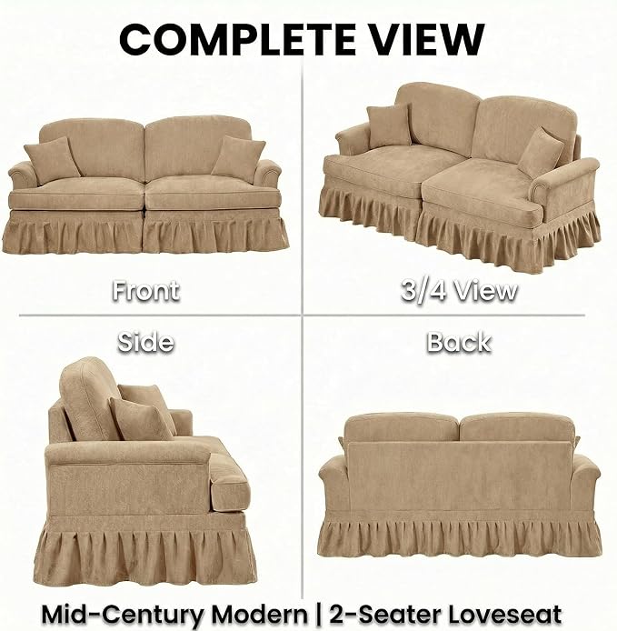 Casaphoria Mid-Century Modern Oversized Loveseat Sofa 2-Seater Chenille Couch with Removable Ruffle Skirt Flared Arms Spindle Legs &amp Throw Pillow for Living Room Apartment