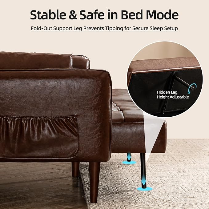 Futon Sofa Bed Sleeper Sofa Small Couch with Storage Adjustable Armrests Pillows Faux Leather Loveseat Mid Century Modern Couches for Living Room Bedroom Apartment Red Brown