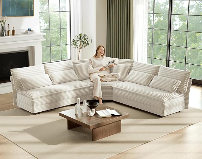 5-Seater Sectional Couch 102 L-Shaped Corner Sofa Oversized Corduroy Cloud Couch with 2-Layer Cushions for Living Room Aparment (White)