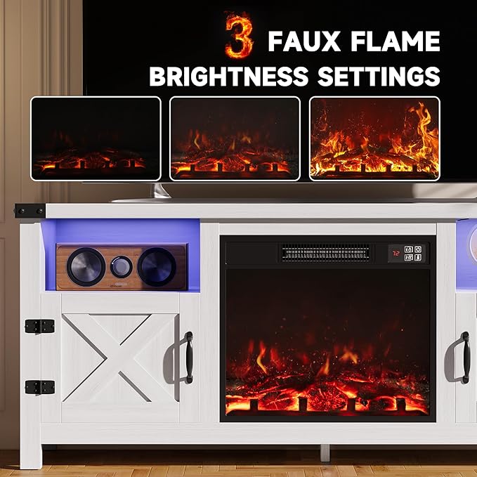 Furmax LED Entertainment Center with Fireplace Fireplace TV Stand with Storage Cabinets and 2 Open Shelves Modern Media TV Console for Living Room (White)