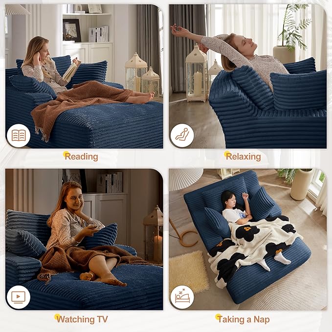 67 Oversized Chaise Lounge Chair Indoor Corduroy Boneless Chaise Lounge Sofa Chair with Pillows &amp Wide Armrest Deep Seat Fluffy Reading Chairs Small Cloud Couches for Living Room Blue