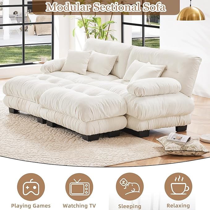 Modular Sectional Sofa Bed Chenille Comfy Cloud Couch with 2 Ottomans Sleeper Daybed with 2 Lumbar Pillows and 2 Throw Pillows Couches for Living Room (White 2 Seat + 2 Ottoman)