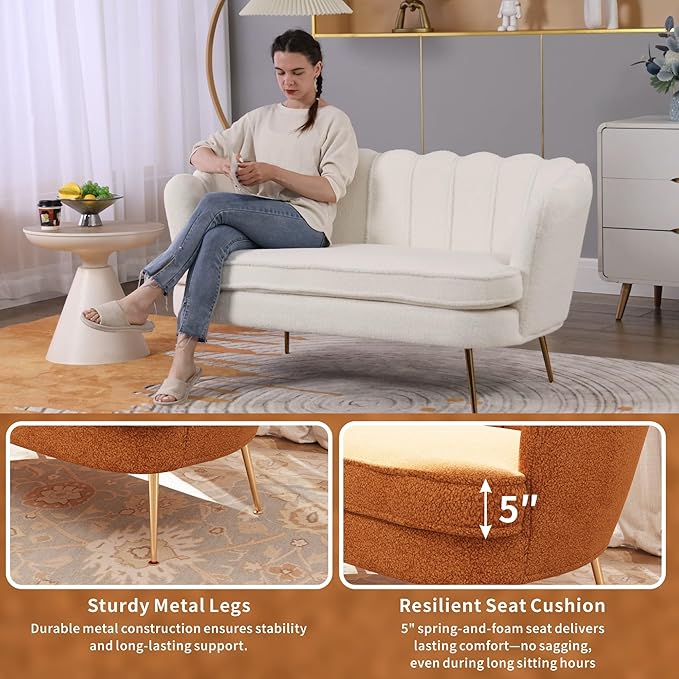 59'' Loveseat Sofa Modern Sherpa Boucle 2-Seater Sofa with Golden Legs Comfy Upholstered Shell Accent Couch for Store Living Room Studio Office (Caramel).
